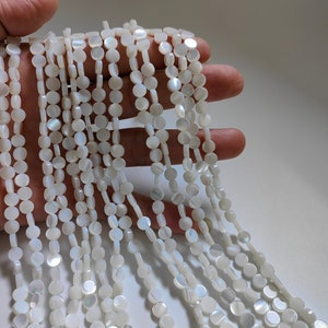 6mm Mother Of Pearl Circle Coin Beads, White Pearl Shell Round Flat Beads, 15&quot; Strand, DIY Jewelry Making, 1 - 5 Strands Optional, B444