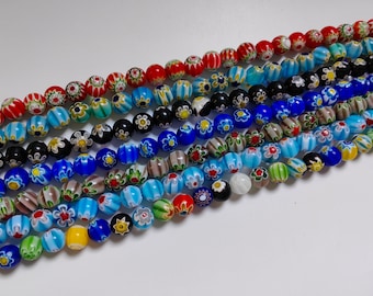 10mm Multicolor Millefiori Glass Beads, Flower Round Glass Bead, Millefiori Bracelet Accessories, DIY Jewelry Making, 14" Full Strand. A590