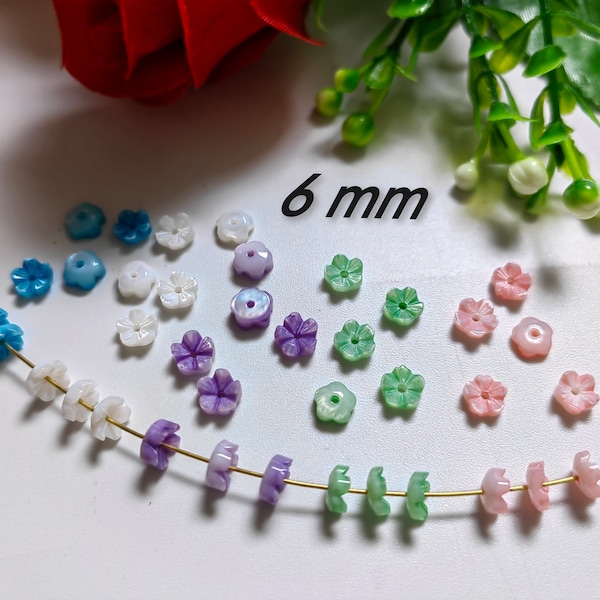 Perles de fleurs en nacre de 6 mm, perles de fleurs en coquille de perles d’eau douce de 5 couleurs, perles de fleurs MOP sculptées, 10 à 100 pièces en option, B490