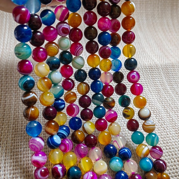 Perles d'agate rayées multicolores lisses, perles de pierres précieuses, perles de bracelet bricolage, options de lot en vrac de 6 à 10 mm, fabrication de bijoux, brin complet de 15 po, A474