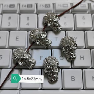 5 or 10Pcs Clear Rhinestone Skull Beads, Antique Silver Skull Head Beads, 14x23mm Metal Skull Beads, Hole 2.3mm. Halloween Jewelry, B309