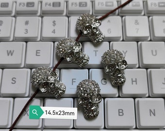 5 or 10Pcs Clear Rhinestone Skull Beads, Antique Silver Skull Head Beads, 14x23mm Metal Skull Beads, Hole 2.3mm. Halloween Jewelry, B309