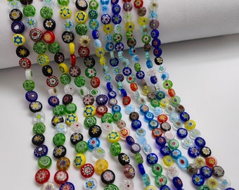 Multicolor Millefiori Glass Flat Round Beads, 6 - 12mm millefiori Glass Beads, Millefiori Bracelet Accessories, DIY Jewelry Supply,  A479