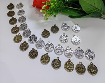 Pingentes do Zodíaco em Prata Antiga/Bronze, 17 x 20 mm, Doze Pingentes Astrológicos, Joias de Yoga, Acessórios, 1 Conjunto (12 peças) / 3 Conjuntos (36 peças) Opcional, C303