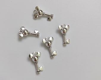 50pcs Double Sided Key Charms, Antique Silver Key Charm, 10x18mm Metal Key Jewelry, Mouse Head Key Charm, Heart Key Charm, DIY Jewelry, C604