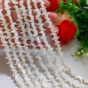 May include: A strand of white iridescent moon-shaped shell beads. The beads are strung together on a white thread.