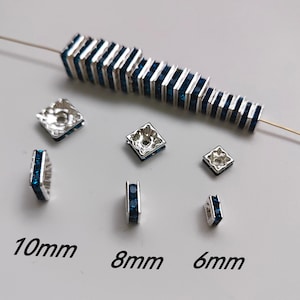 Blue Zircon Crystal Square Spacer, Silver Plated Squaredelles Spacer Beads, 6 - 10mm Rhinestone Square Beads, 30 - 100 Pcs Optional, B525