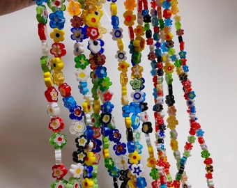 4 - 12mm Multicolor Millefiori Glass Flat Flower Beads, Different Sizes Millefiori Flower Glass Beads, Millefiori Bracelet Accessories, A539