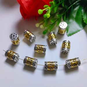 5 or 10pcs Two Tone Six Words Mantra Beads, 11x15mm Cylinder Alloy Engraved Six Character Great Bright Mantra beads, Buddhism Beads, C104
