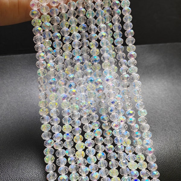 4x3mm 6x4mm 8x6mm Faceted Crystal Rondelle Beads, Iridescent Crystal Glass Beads, Clear Rainbow Crystal Beads, DIY Jewelry Making, A505