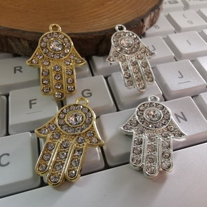 5 or 10 pcs Rhinestone Hamsa Hand Charms, 21x31mm Fatima Hand Charms, Metal Hamsa Pendants, DIY Jewelry, Rhinestone Jewelry, Findings. C085
