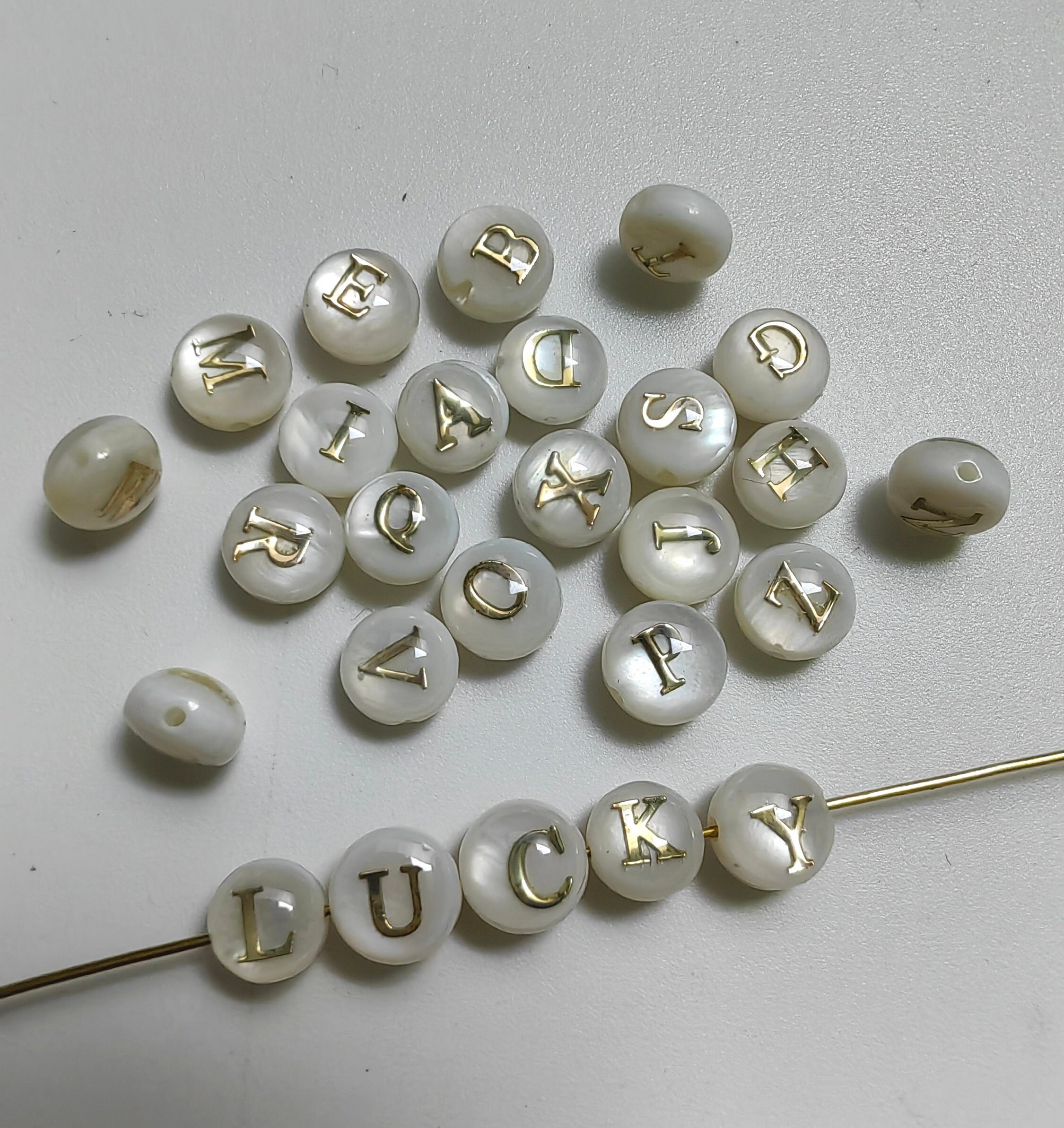 6mm Mother of Pearl Alphbet Beads, Double Sided White Shell With Gold ...