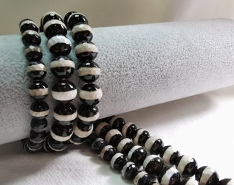 Faceted Tibetan Agate Beads, 8mm 10mm Tibetan Dzi Beads, Black White Stripe Agate Beads, Stripe Agate Dzi Beads, 14" Full Strand, D470