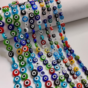 Multicolor Flat Round Glass Evil Eye Beads, Turkish Evil Eye Beads, 4 - 12mm  Evil Eye Beads, Evil Eye Findings, 14&quot; Full Strand, A602