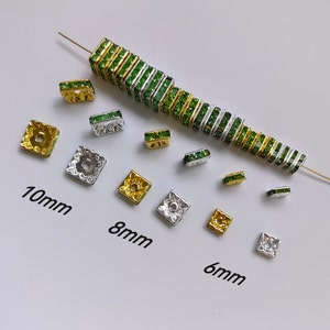 Green Rhinestone Square Spacer, Gold / Silver Plated Squaredelles Spacer, 6 - 10mm Offers Options, 30 - 100 Pcs Optional, DIY Jewelry, B521