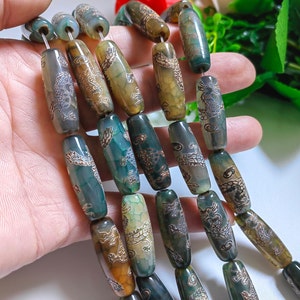 5 or 10pcs, Dragon Pattern DZI Agate Beads, 10x30mm Tibetan DZI Drum Beads, Hole 1.8mm, Tibetan Oval Dzi Beads, DIY Jewelry Making, D269