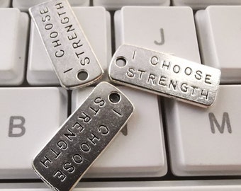 30 peças de pingentes de dupla face "EU ESCOLHO A FORÇA", pingentes de texto de metal prateado antigo de 9 x 21 mm, pingentes de citação, suprimentos de joias faça você mesmo, achados, C025