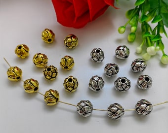20 cuentas espaciadoras de loto de plata antigua/oro, cuentas de budismo, cuentas de flor de loto de metal de 10 x 9 mm, agujero de 2,3 mm, cuentas nepalesas, B485