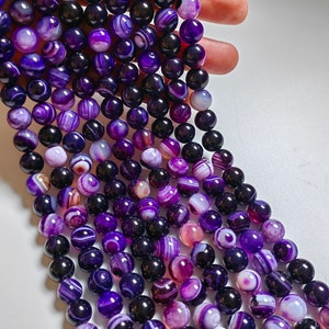 Cuentas de ágata con rayas suaves, 6 mm, 8 mm, 10 mm para elegir, cuentas de ágata con bandas moradas, cuentas de pulsera de bricolaje, cuentas de piedra, hilo completo de 14.5 &quot;, A184