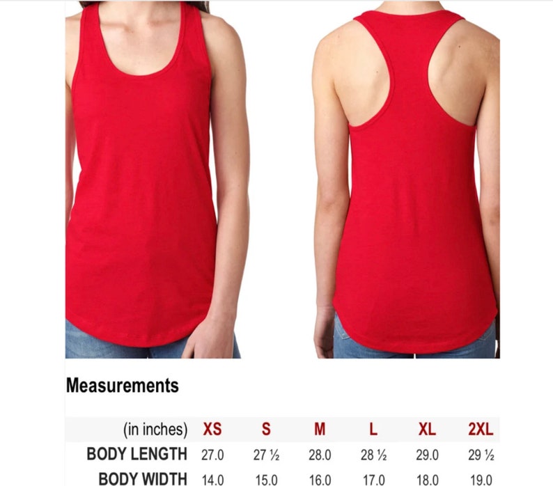 May include: Red racerback tank top with size chart showing measurements in inches for sizes XS, S, M, L, XL, and 2XL.