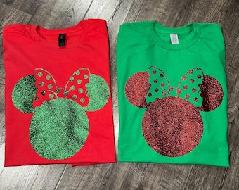 Christmas Glitter Minnie Tee, Disney Shirts, Minnie Ear Shirt, Girls Trip Shirts, Cute Disney Ear Shirt, You Choose Glitter Color!