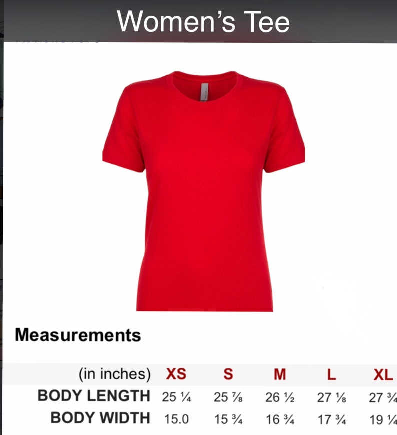 May include: A red women's tee shirt with a crew neck and short sleeves. The size chart shows measurements in inches for XS, S, M, L, and XL.