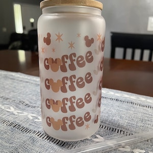 Disney Custom 16 oz Frosted Glass  Ice Coffee Tumbler  - Mickey Minnie Glass Ice Coffee Glass Tumbler personalized