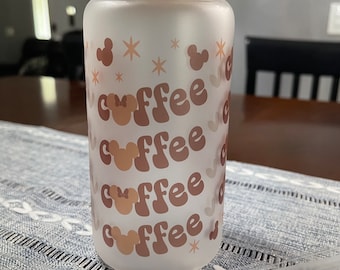 Disney Custom 16 oz Frosted Glass  Ice Coffee Tumbler  - Mickey Minnie Glass Ice Coffee Glass Tumbler personalized