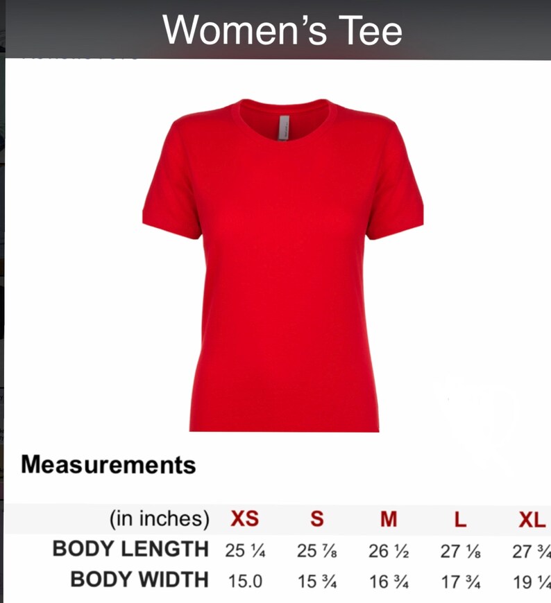 Puede incluir: Una camiseta roja para mujer con cuello redondo y mangas cortas. La tabla de tallas muestra las medidas en pulgadas para XS, S, M, L y XL.