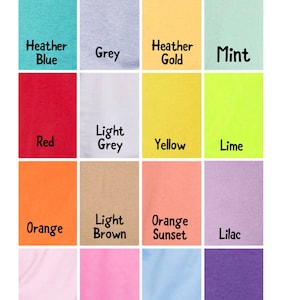 May include: A color chart showing 16 different colors of fabric. The colors are: Heather Blue, Grey, Heather Gold, Mint, Red, Light Grey, Yellow, Lime, Orange, Light Brown, Orange Sunset, Lilac, Light Pink, Pink, Sky Blue, and Purple.