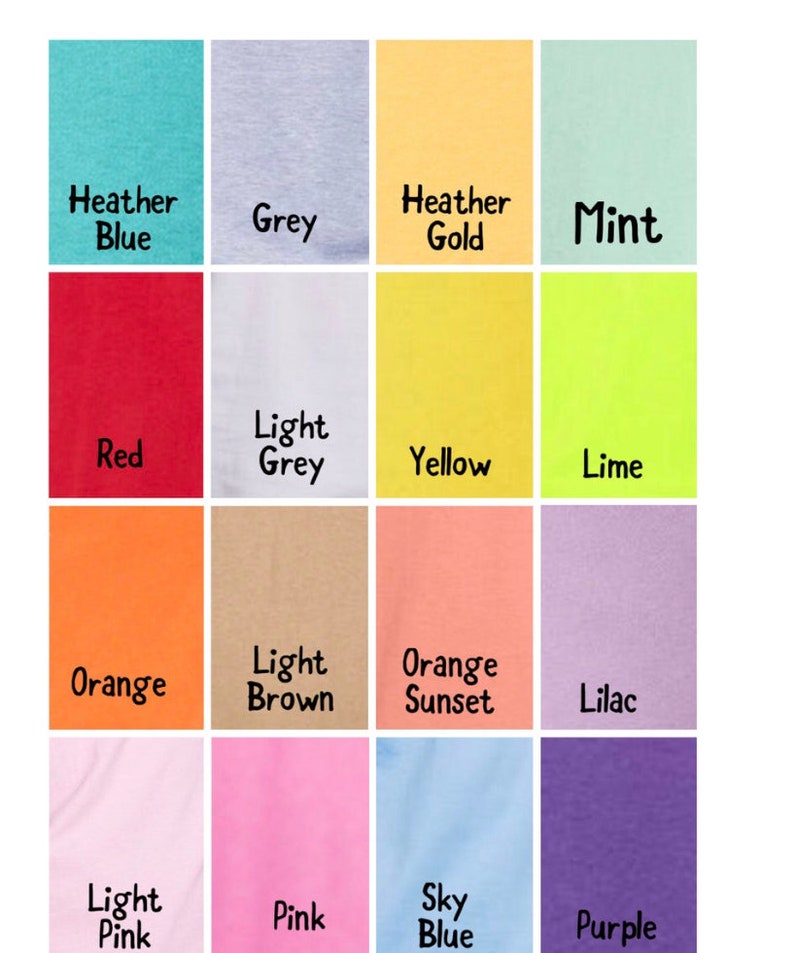 May include: A color chart showing 16 different colors of fabric. The colors are: Heather Blue, Grey, Heather Gold, Mint, Red, Light Grey, Yellow, Lime, Orange, Light Brown, Orange Sunset, Lilac, Light Pink, Pink, Sky Blue, and Purple.