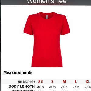 May include: A red women's tee shirt with a crew neck and short sleeves. The size chart shows measurements in inches for XS, S, M, L, and XL.