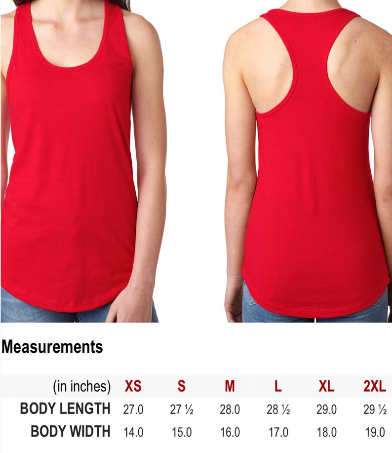 Może przedstawiać: Czerwona koszulka na ramiączkach w stylu racerback. Tabela rozmiar&oacute;w pokazuje wymiary w calach dla rozmiar&oacute;w XS, S, M, L, XL i 2XL.