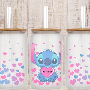 Stitch Custom 16 oz Frosted Glass Ice Coffee Tumbler  - Stitch Glass Ice Coffee Glass Tumbler personalized, Stitch Coffee Glass