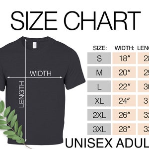 Puede incluir: Tabla de tallas para camisetas unisex para adultos. La tabla muestra las medidas de ancho y largo en pulgadas para las tallas S, M, L, XL, 2XL y 3XL.