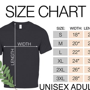 K&ouml;nnte beinhalten: Gr&ouml;&szlig;entabelle f&uuml;r Unisex-T-Shirts f&uuml;r Erwachsene. Die Tabelle zeigt die Breite und L&auml;nge in Zoll f&uuml;r die Gr&ouml;&szlig;en S, M, L, XL, 2XL und 3XL.