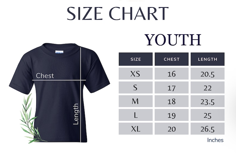 May include: Youth size chart for a t-shirt with measurements in inches for chest and length. Sizes include XS, S, M, L, and XL.