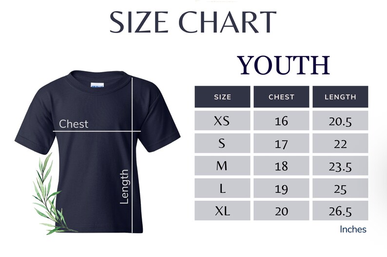 May include: Youth size chart for a t-shirt with measurements in inches for chest and length. Sizes include XS, S, M, L, and XL.