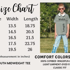 May include: Size chart for youth midweight tee in sizes XS to XL. The chart shows width and length measurements in inches. The chart also includes the text "COMFORT COLORS 9018", "100% COMBED RINGSPUN COTTON", "LIGHT GARMENT-DYED FABRIC", and "CLASSIC FIT".