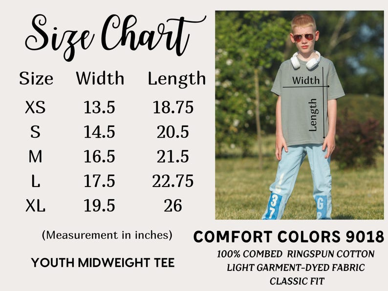 May include: Size chart for youth midweight tee in sizes XS to XL. The chart shows width and length measurements in inches. The chart also includes the text "COMFORT COLORS 9018", "100% COMBED RINGSPUN COTTON", "LIGHT GARMENT-DYED FABRIC", and "CLASSIC FIT".