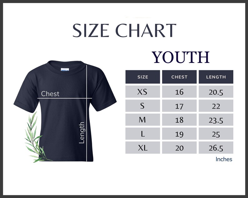 Puede incluir: Tabla de tallas para camiseta juvenil con medidas en pulgadas para el pecho y la longitud. Las tallas incluyen XS, S, M, L y XL.