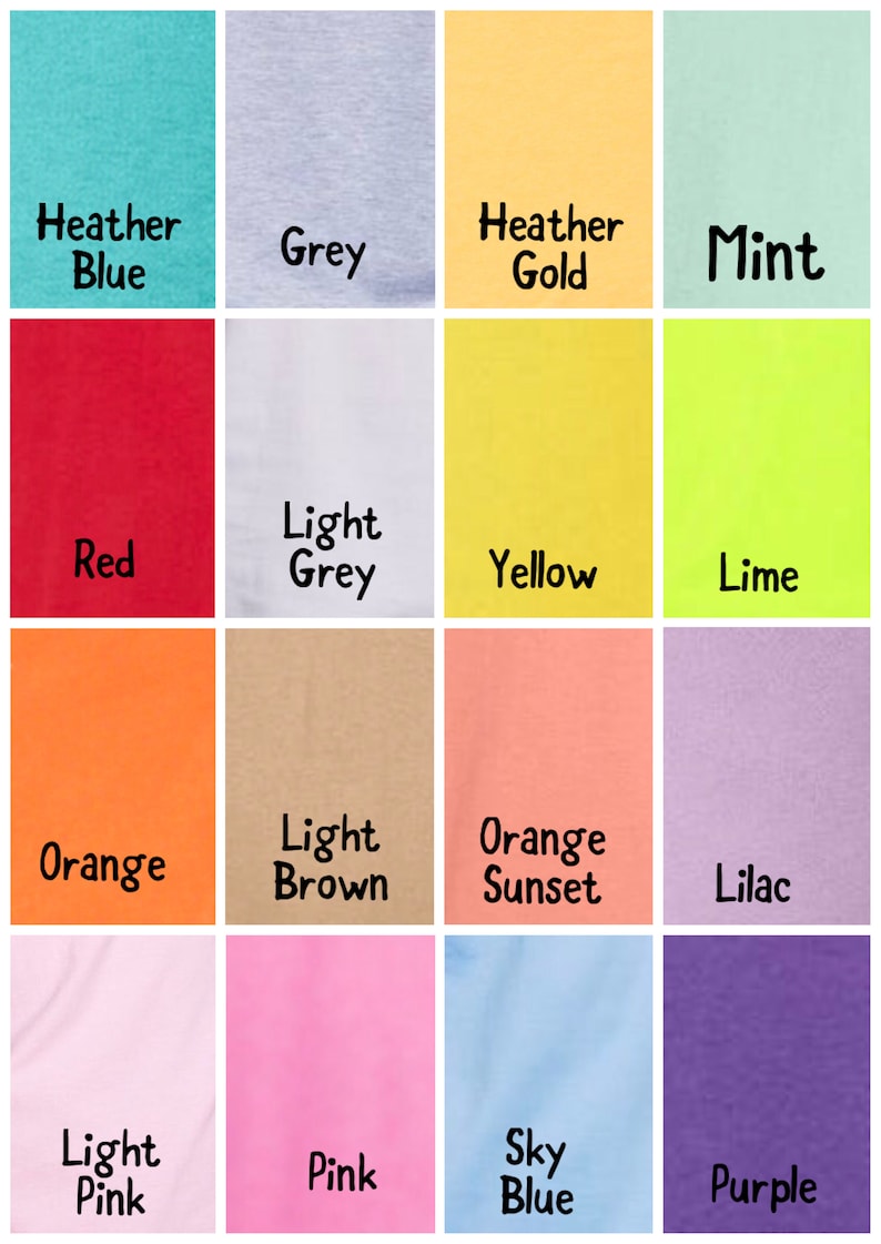 K&ouml;nnte beinhalten: Eine Farbkarte mit 16 verschiedenen Stofffarben. Die Farben sind: Heather Blue, Grau, Heather Gold, Mint, Rot, Hellgrau, Gelb, Limette, Orange, Hellbraun, Orange Sunset, Lila, Hellrosa, Rosa, Himmelblau und Lila.