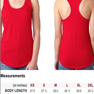 May include: A size chart for a red tank top with measurements in inches for sizes XS, S, M, L, XL, and 2XL. The chart shows the body length and body width for each size.