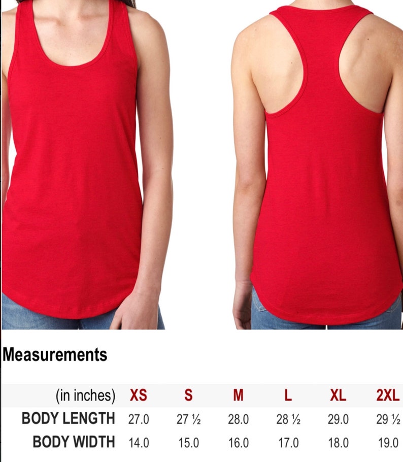 May include: A size chart for a red tank top with measurements in inches for sizes XS, S, M, L, XL, and 2XL. The chart shows the body length and body width for each size.
