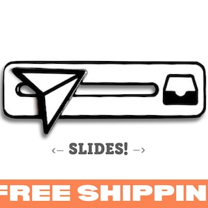 May include: Black and white illustration of a paper airplane flying into a black and white inbox with the text "SLIDES!" below.