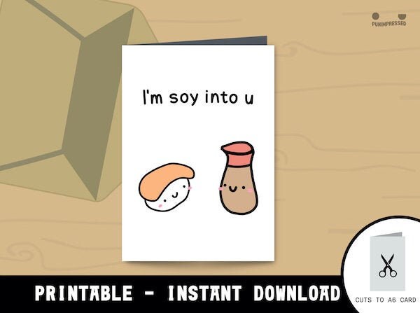 LOVE SUSHI CARD (Printable file) sushi girlfriend boyfriend funny Japan art greeting kawaii cute love food chibi anime soy sauce sashimi pun