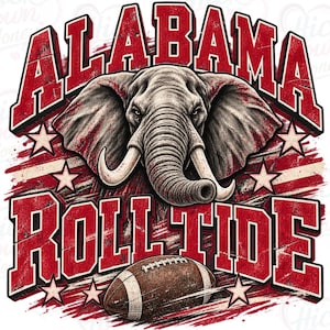 May include: A graphic design featuring a detailed illustration of an elephant head centered above a brown football. The text ALABAMA is arched above the elephant and ROLL TIDE is below, all in a distressed red font with white stars surrounding.