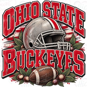 Puede incluir: Un diseño gráfico que presenta un casco de fútbol americano plateado con una franja roja, un balón de fútbol marrón y hojas verdes. El texto OHIO STATE BUCKEYES aparece en letras rojas grandes y negritas con bordes negros sobre un fondo rojo.
