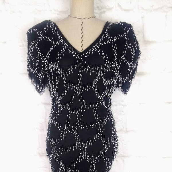 Women dress black vintage 80s party club cocktail knee high silver bead short sleeve bodycon sheer large shoulder pads Size XXS XS