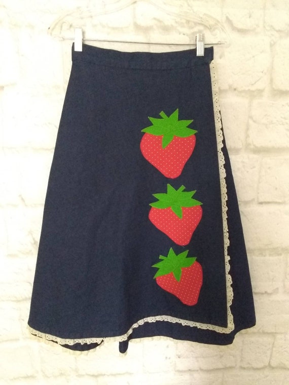 New women skirt vintage 70s denim blue red strawbe